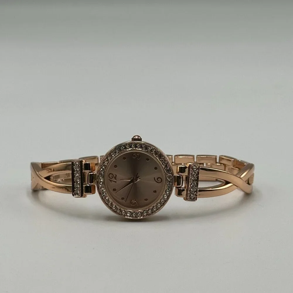 Rhinestone Watch Matching Bracelet Set Women Rose Gold Tone New Battery 7.25